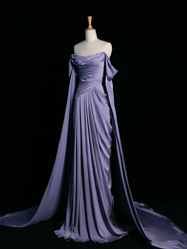 Simple A Line Strapless Sleeveless Satin Lilac Prom Dress Long Prom Dress