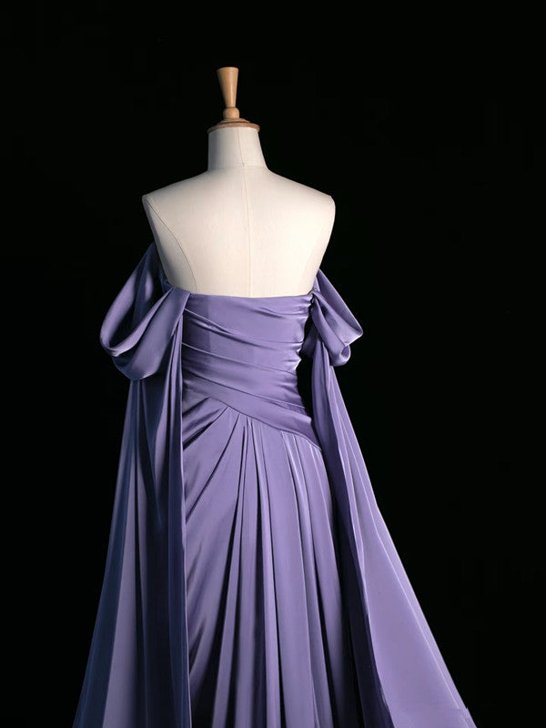 Simple A Line Strapless Sleeveless Satin Lilac Prom Dress Long Prom Dress