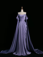 Simple A Line Strapless Sleeveless Satin Lilac Prom Dress Long Prom Dress