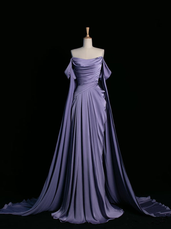 Simple A Line Strapless Sleeveless Satin Lilac Prom Dress Long Prom Dress