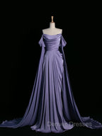 Simple A Line Strapless Sleeveless Satin Lilac Prom Dress Long Prom Dress