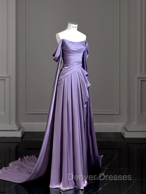 Simple A Line Strapless Sleeveless Satin Lilac Prom Dress Long Prom Dress
