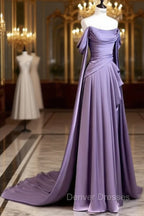 Simple A Line Strapless Sleeveless Satin Lilac Prom Dress Long Prom Dress