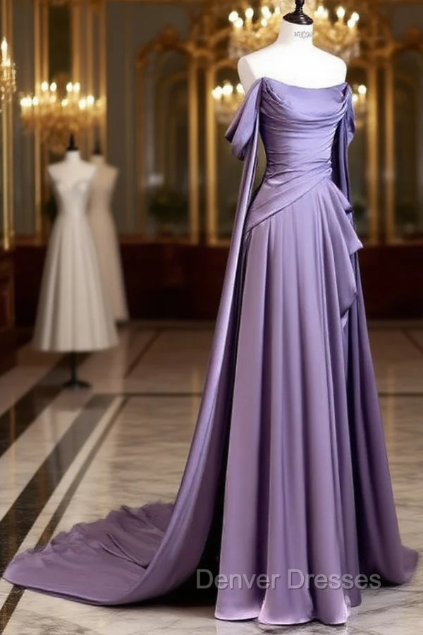 Simple A Line Strapless Sleeveless Satin Lilac Prom Dress Long Prom Dress