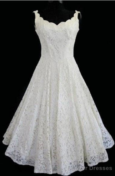 Simple A-Line Straps Jewel Knee-Length Lace Beach Wedding Dresses