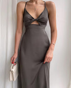 Simple A Line Straps Long Slit Dark Blue Prom Dress
