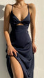 Simple A Line Straps Long Slit Dark Blue Prom Dress