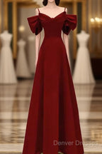Simple A Line Straps Red Satin Long Prom Dress