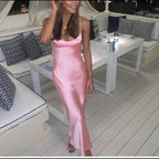 Simple A Line Straps Sleeveless Party Dress Silk Satin Pink Prom Dress