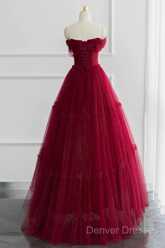 Simple A-Line Tulle Burgundy Long Prom Dress Secondary image
