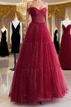 Simple A-Line Tulle Burgundy Long Prom Dress