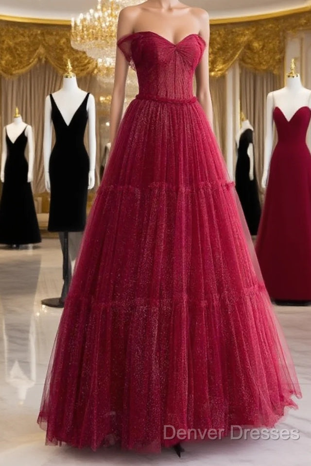 Simple A-Line Tulle Burgundy Long Prom Dress