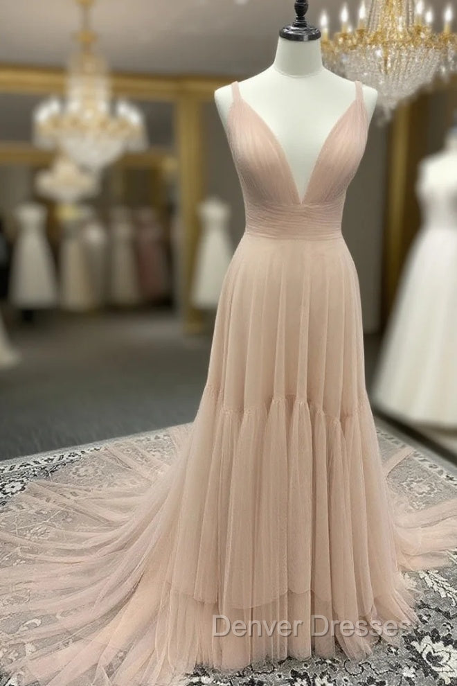 Simple A Line Tulle Champagne Long Prom Dress, Champagne Evening Dress