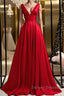 Simple A Line V Neck and V Back Red Satin Long Prom Dress, Cheap V Neck Red Formal Graduation Evening Dress