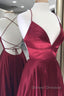 Simple A Line V Neck Backless Burgundy Long Prom Dress, Backless Burgundy Formal Graduation Evening Dress