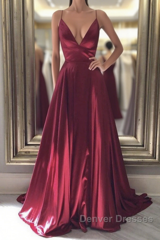 Simple A Line V Neck Backless Burgundy Long Prom Dress, Backless Burgundy Formal Graduation Evening Dress Main image