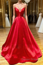 Simple A Line V Neck Backless Red Long Prom Dress, Backless Red Fromal Dress, Red Evening Dress