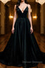 Simple A Line V Neck Black Satin Long Prom Dress, Black Formal Dress, Evening Dress 2019