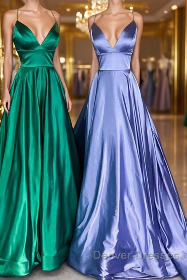 Simple A Line V Neck Emerald Green Blue Long Prom Dress, Simple Satin Long Formal Evening Dress Main image
