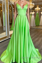 Simple A Line V Neck Green Satin Long Prom Dress, V Neck Green Formal Graduation Evening Dress