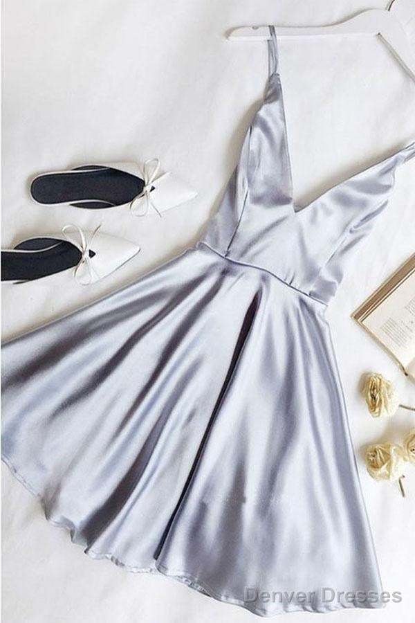 Simple A Line V Neck Light Blue Satin Homecoming Dresses With Pockets Secondary image