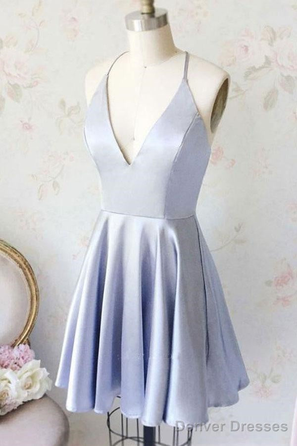 Simple A Line V Neck Light Blue Satin Homecoming Dresses With Pockets Main image