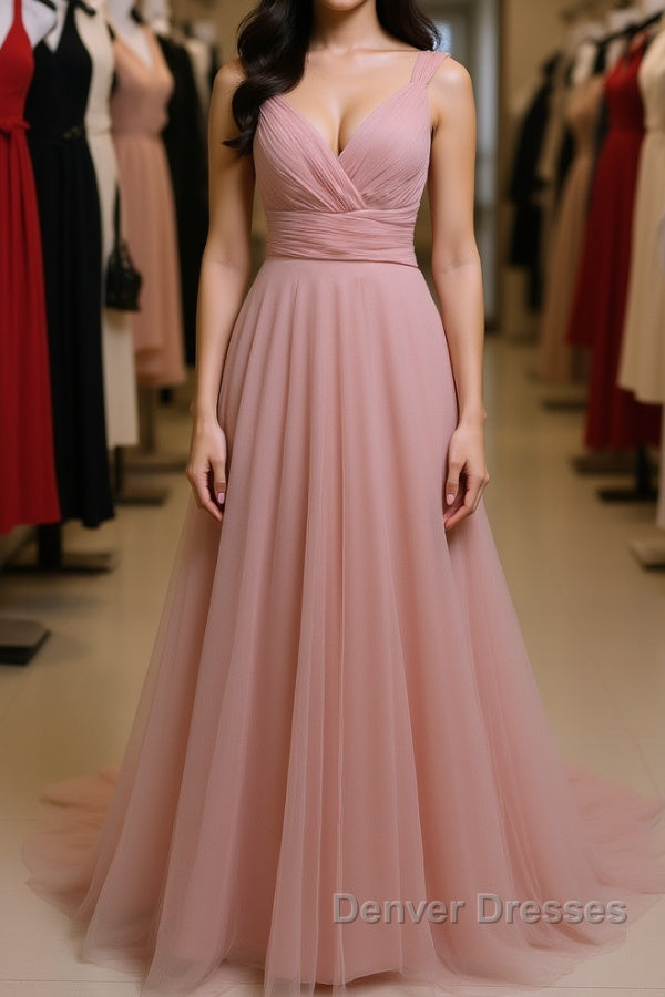 Simple A Line V Neck Pink Tulle Long Prom Dress Bridesmaid Dress, V Neck Pink Formal Dress, Pink Evening Dress
