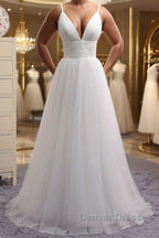 Simple A Line V Neck White Wedding Dress, V Neck White Tulle Prom Formal Dress