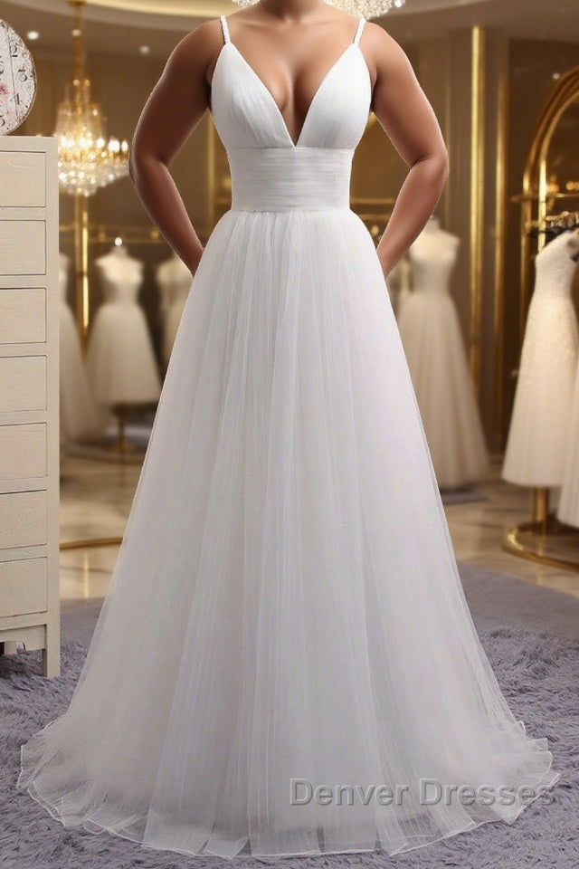Simple A Line V Neck White Wedding Dress, V Neck White Tulle Prom Formal Dress Main image