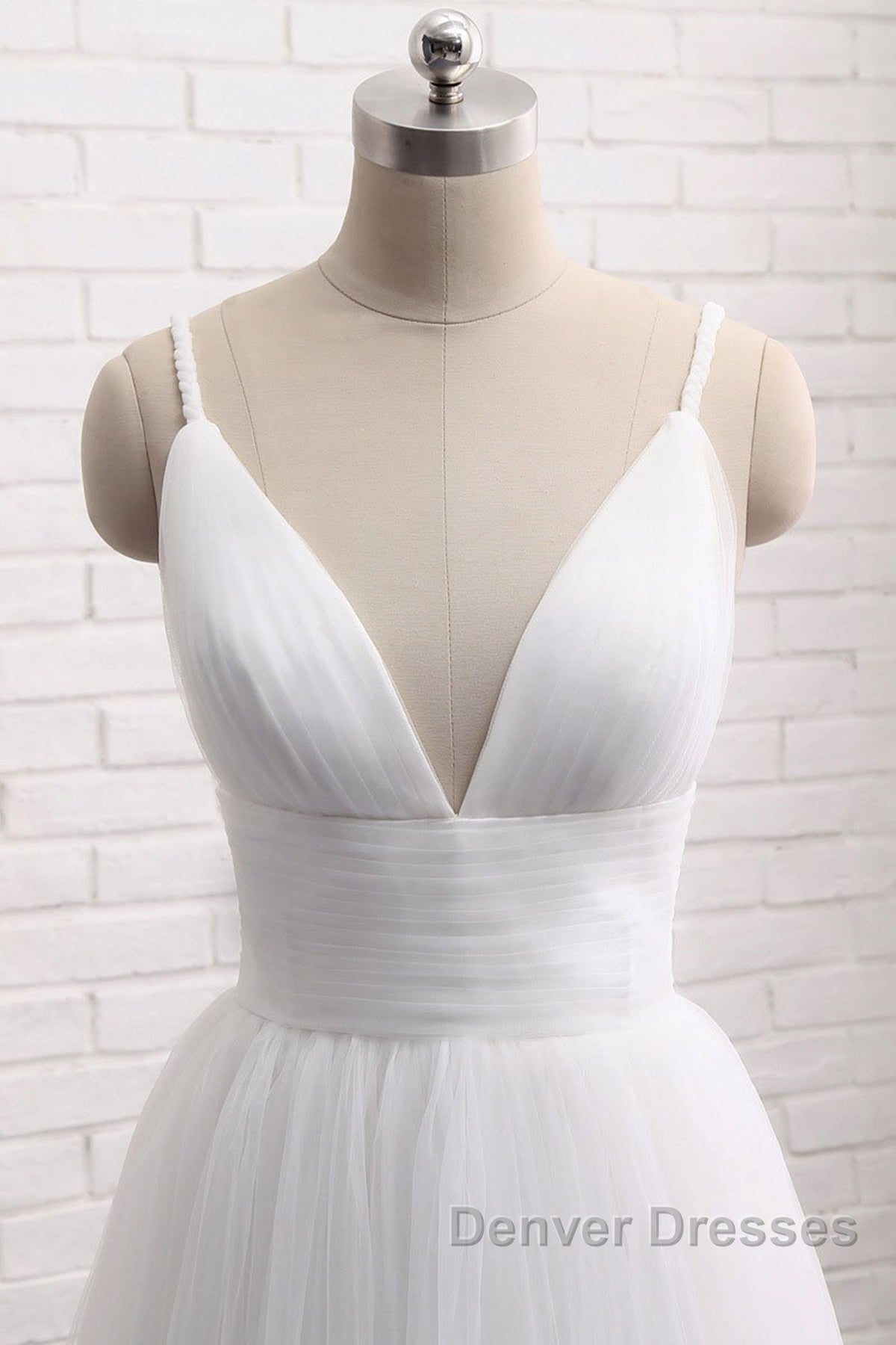 Simple A Line V Neck White Wedding Dress, V Neck White Tulle Prom Formal Dress Secondary image