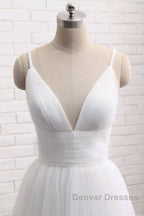 Simple A Line V Neck White Wedding Dress, V Neck White Tulle Prom Formal Dress