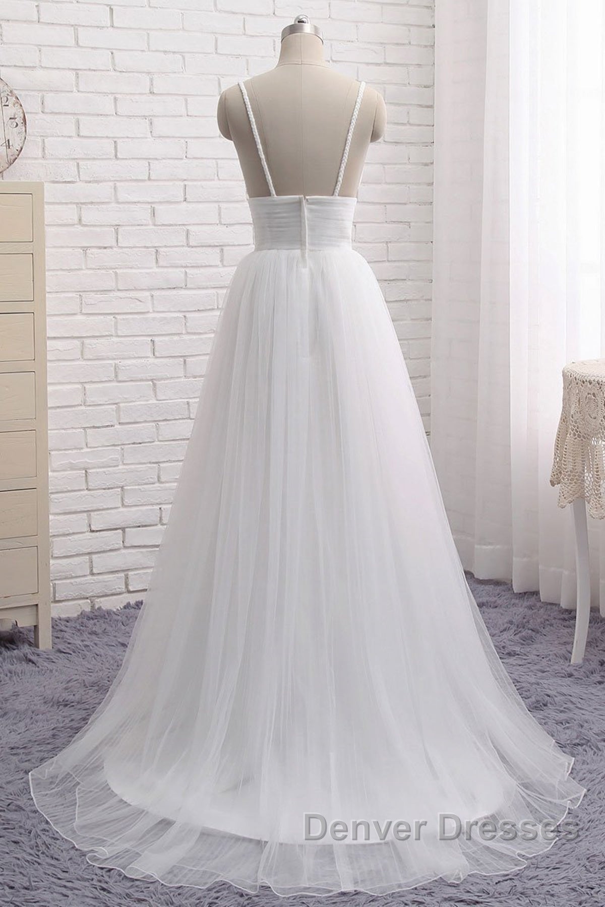 Simple A Line V Neck White Wedding Dress, V Neck White Tulle Prom Formal Dress