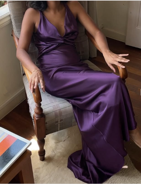Simple A-Line V Neckline Grape Satin Long Prom Dress Formal Evening Dress Secondary image