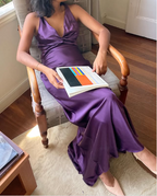 Simple A-Line V Neckline Grape Satin Long Prom Dress Formal Evening Dress