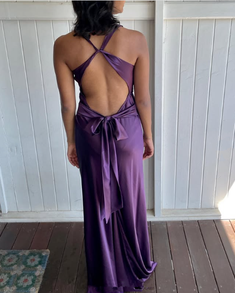 Simple A-Line V Neckline Grape Satin Long Prom Dress Formal Evening Dress