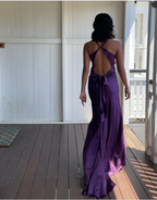Simple A-Line V Neckline Grape Satin Long Prom Dress Formal Evening Dress