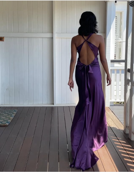 Simple A-Line V Neckline Grape Satin Long Prom Dress Formal Evening Dress