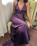 Simple A-Line V Neckline Grape Satin Long Prom Dress Formal Evening Dress