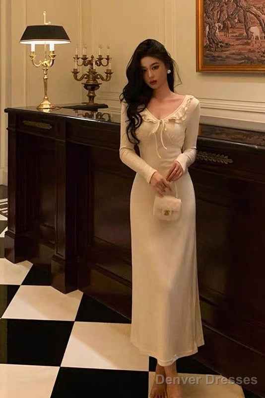 Simple A Line V Neckline Ivory Long Prom Dresses Birthday Outfits Evening Gown