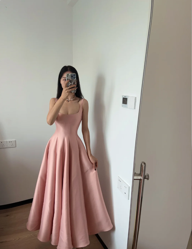 Simple And Elegant Pink A-Line Square Neck Halter Satin Prom Dress Evening Dress Secondary image