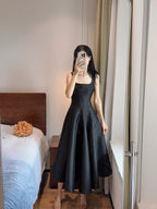 Simple And Elegant Pink A-Line Square Neck Halter Satin Prom Dress Evening Dress