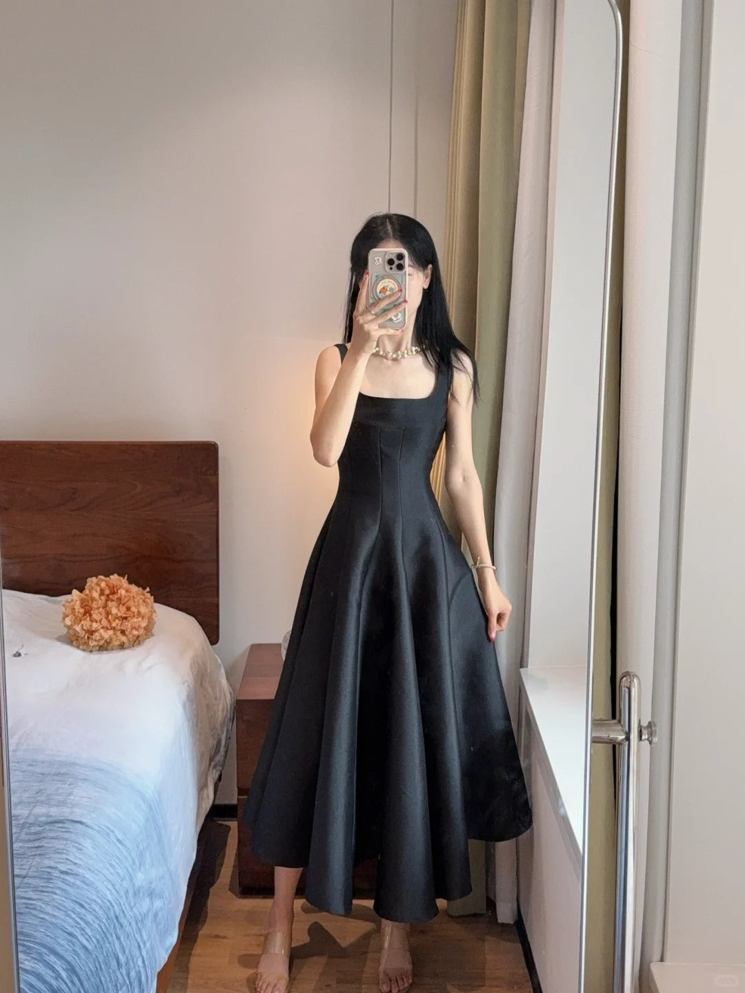 Simple And Elegant Pink A-Line Square Neck Halter Satin Prom Dress Evening Dress