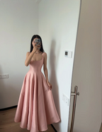 Simple And Elegant Pink A-Line Square Neck Halter Satin Prom Dress Evening Dress
