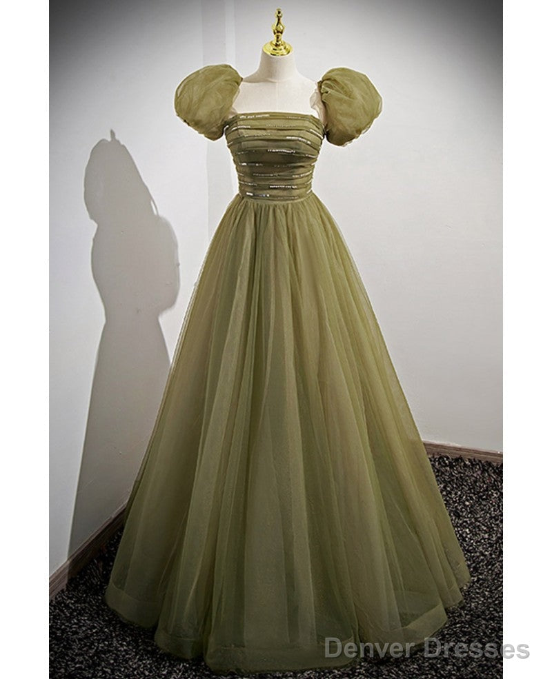 Simple And Minimalist Clover Green Square Neckline Fluffy Short Sleeved Sequin Ball Dress In Clover A-Line Princess Backless And Ground Length Evening Dress Main image