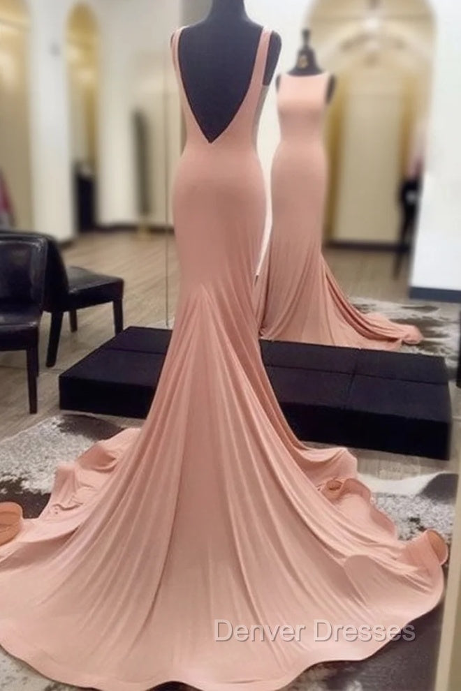 Simple Backless Mermaid Pink Prom Dress For Teens, Pink Evening Dress Main image
