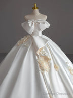 Simple Ball Gown Strapless Sleeveless Satin White Wedding Dresses Brides Dress With Bow