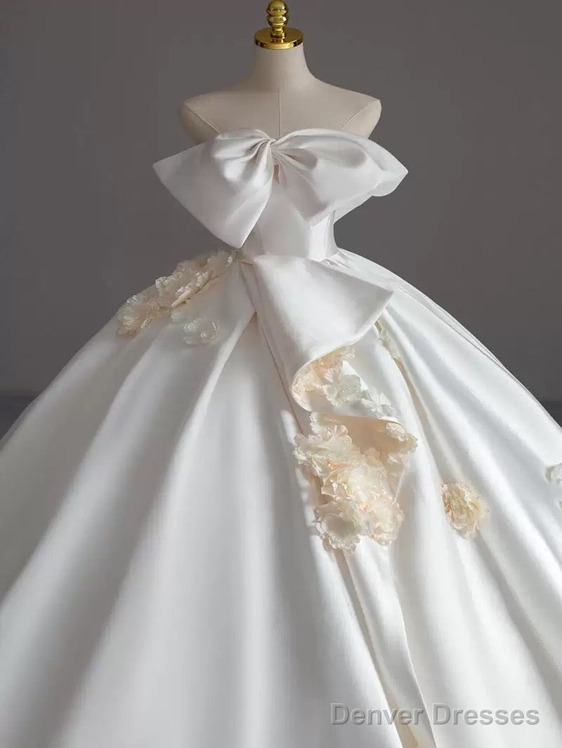 Simple Ball Gown Strapless Sleeveless Satin White Wedding Dresses Brides Dress With Bow