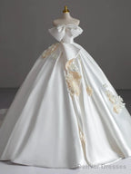 Simple Ball Gown Strapless Sleeveless Satin White Wedding Dresses Brides Dress With Bow