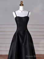 Simple Black A-Line Satin Straps Long Party Dress, Black Satin Prom Dress