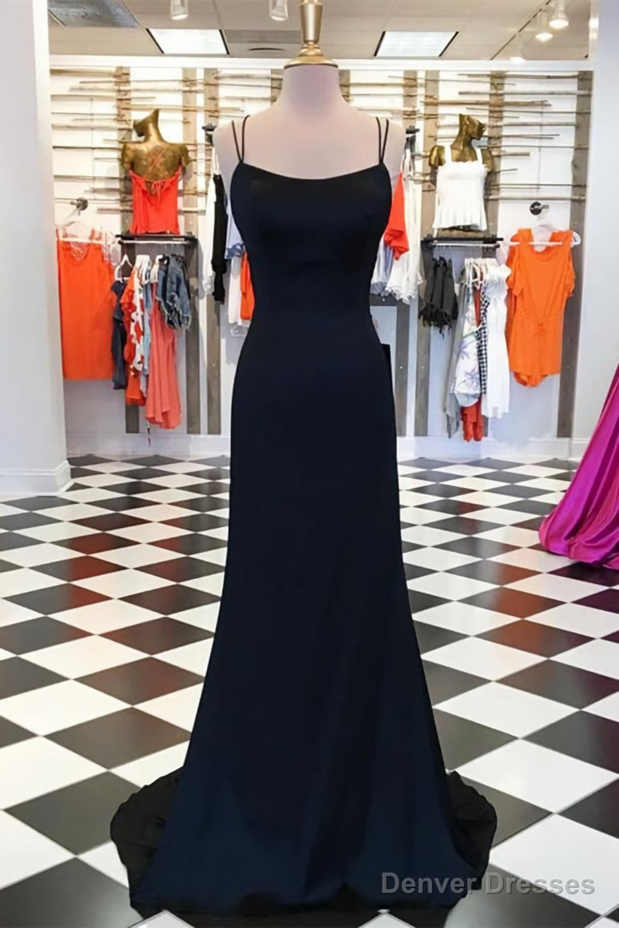 Simple Black Satin Sheath Spaghetti Straps Long Prom Dresses, Evening Gown